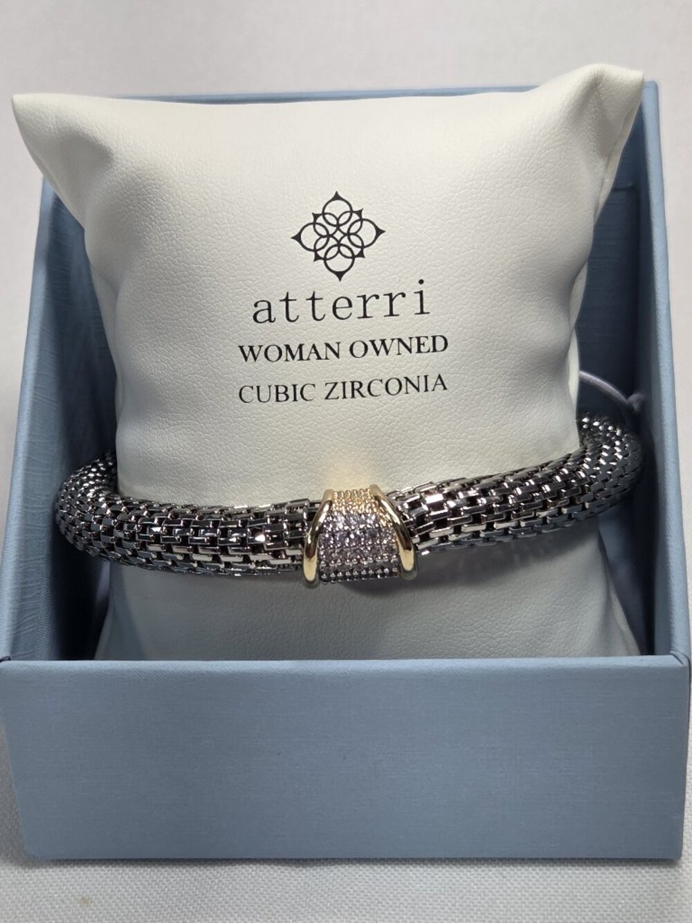 Atterri Gunmetal Woven Mesh Cuff Bracelet Pave CZ Crystal Gold Station Two Tone